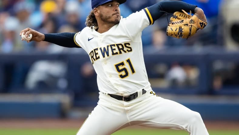 Mar 21, 2023; Phoenix, Arizona, USA; Milwaukee Brewers pitcher Freddy Peralta against the Chicago White Sox during a spring training game at American Family Fields of Phoenix. Mandatory Credit: Mark J. Rebilas-USA TODAY Sports