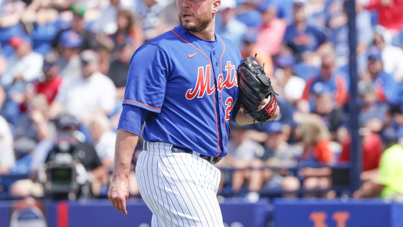 Mar 22, 2023; Port St. Lucie, Florida, USA; New York Mets relief pitcher Tommy Hunter walks off of the mound following the seventh inning against the Houston Astros at Clover Park. Mandatory Credit: Reinhold Matay-USA TODAY Sports