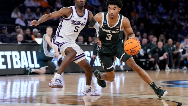 Mar 23, 2023; New York, NY, USA;  Michigan State Spartans guard Jaden Akins (3) controls the ball against Kansas State Wildcats guard Cam Carter (5) in the first half at Madison Square Garden. Mandatory Credit: Robert Deutsch-USA TODAY Sports