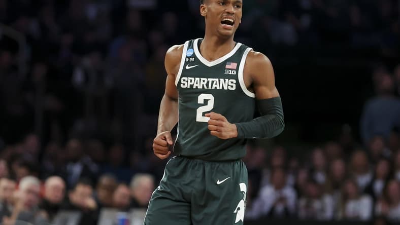 Mar 23, 2023; New York, NY, USA;  Michigan State Spartans guard Tyson Walker (2) reacts against the Kansas State Wildcats in overtime at Madison Square Garden. Mandatory Credit: Brad Penner-USA TODAY Sports