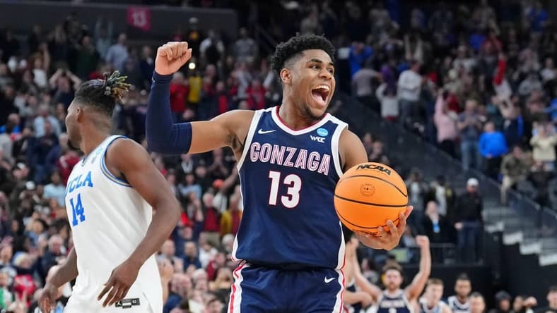 Mar 23, 2023; Las Vegas, NV, USA; Gonzaga Bulldogs guard Malachi Smith (13) reacts after their win against the UCLA Bruins at T-Mobile Arena. Mandatory Credit: Joe Camporeale-USA TODAY Sports
