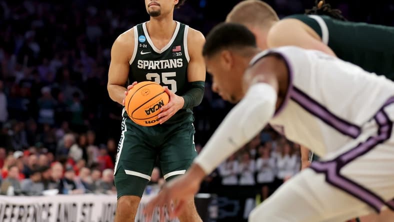Mar 23, 2023; New York, NY, USA; Michigan State Spartans forward Malik Hall (25) lines up a foul shot during overtime against the Kansas State Wildcats at Madison Square Garden. Mandatory Credit: Brad Penner-USA TODAY Sports