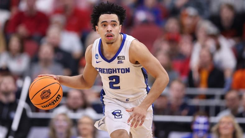 Mar 24, 2023; Louisville, KY, USA; Creighton Bluejays guard Ryan Nembhard (2) dribbles during the second half of the NCAA tournament round of sixteen against the Princeton Tigers at KFC YUM! Center. Mandatory Credit: Jordan Prather-USA TODAY Sports