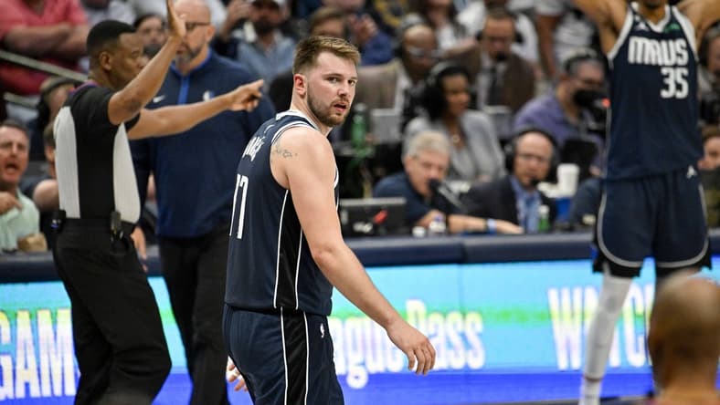 Mar 22, 2023; Dallas, Texas, USA; Dallas Mavericks guard Luka Doncic (77) during the game between the Dallas Mavericks and the Golden State Warriors at the American Airlines Center. Mandatory Credit: Jerome Miron-USA TODAY Sports