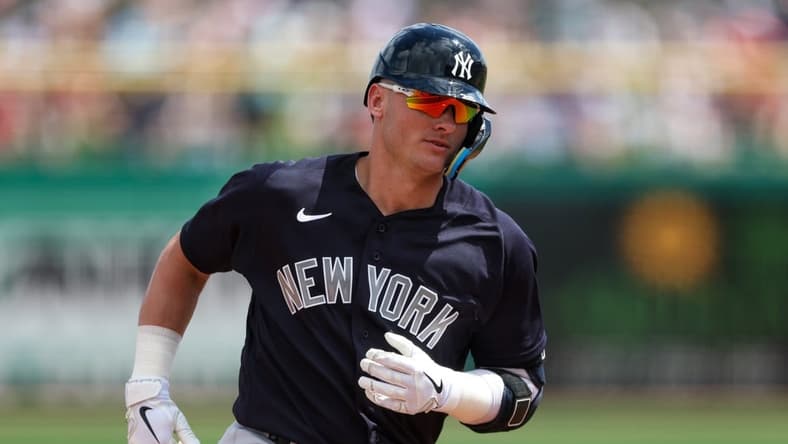 Mar 25, 2023; Clearwater, Florida, USA;  New York Yankees third baseman Josh Donaldson (28) rounds the bases after hitting a two-run home run against the Philadelphia Phillies in the first inning during spring training at BayCare Ballpark. Mandatory Credit: Nathan Ray Seebeck-USA TODAY Sports