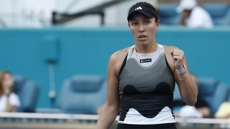 Mar 25, 2023; Miami, Florida, US; Jessica Pegula (USA) reacts after winning a point against Danielle Collins (USA) (not pictured) on day six of the Miami Open at Hard Rock Stadium. Mandatory Credit: Geoff Burke-USA TODAY Sports