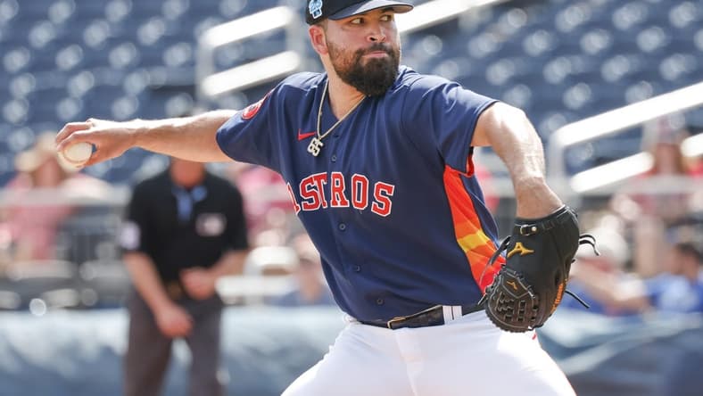 Mar 26, 2023; West Palm Beach, Florida, USA; Houston Astros starting pitcher Jose Urquidy (65) throws a pitch during the first inning against the St. Louis Cardinals at The Ballpark of the Palm Beaches. Mandatory Credit: Reinhold Matay-USA TODAY Sports