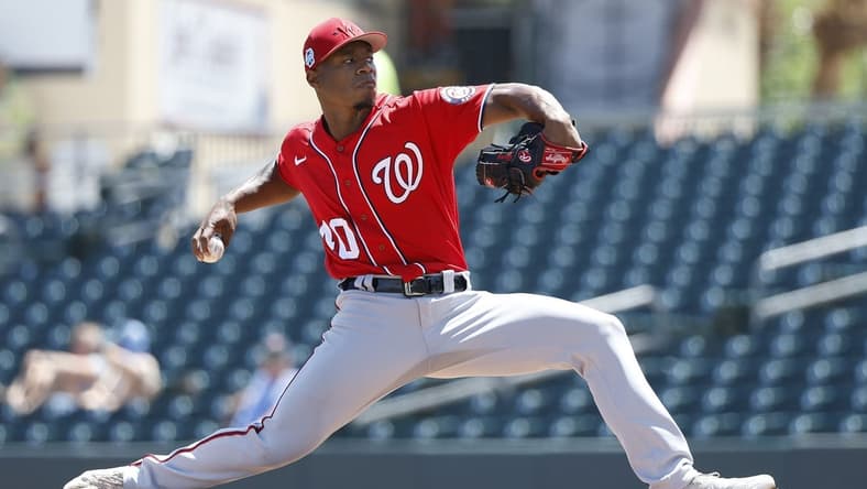 Mar 26, 2023; Jupiter, Florida, USA;  Washington Nationals starting pitcher Josiah Gray (40) pitches against the Miami Marlins during the first inning at Roger Dean Stadium. Mandatory Credit: Rhona Wise-USA TODAY Sports
