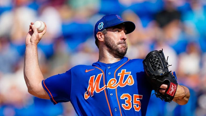 Mar 26, 2023; Port St. Lucie, Florida, USA; New York Mets starting pitcher Justin Verlander (35) throws a pitch against the Miami Marlins during the first inning at Clover Park. Mandatory Credit: Rich Storry-USA TODAY Sports
