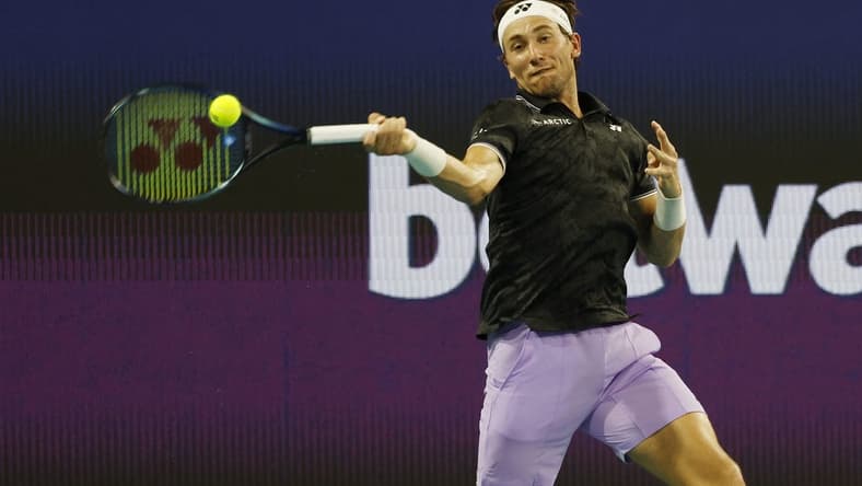 Mar 26, 2023; Miami, Florida, US; Casper Ruud (NOR) hits a forehand against Botic van de Zandschulp (NED) (not pictured) on day seven of the Miami Open at Hard Rock Stadium. Mandatory Credit: Geoff Burke-USA TODAY Sports