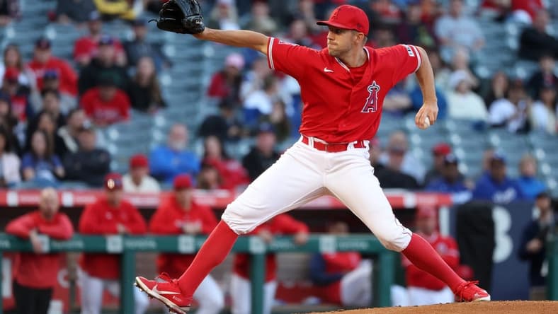 Mar 27, 2023; Anaheim, California, USA;  Los Angeles Angels starting pitcher Tyler Anderson (31) pitches during the second inning against the Los Angeles Dodgers at Angel Stadium. Mandatory Credit: Kiyoshi Mio-USA TODAY Sports