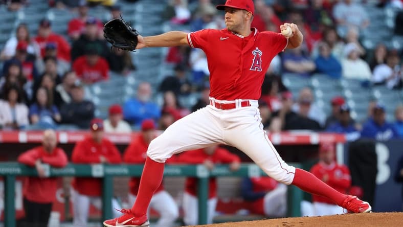 Mar 27, 2023; Anaheim, California, USA;  Los Angeles Angels starting pitcher Tyler Anderson (31) pitches during the second inning against the Los Angeles Dodgers at Angel Stadium. Mandatory Credit: Kiyoshi Mio-USA TODAY Sports