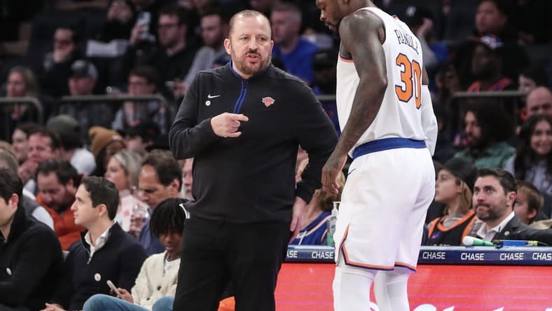 Mar 27, 2023; New York, New York, USA;  New York Knicks head coach Tom Thibodeau talks with New York Knicks forward Julius Randle (30) in the first quarter against the Houston Rockets at Madison Square Garden. Mandatory Credit: Wendell Cruz-USA TODAY Sports