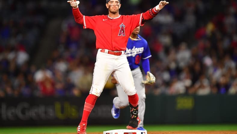 Mar 28, 2023; Anaheim, California, USA; Los Angeles Angels shortstop Zach Neto (94) reacts after reaching second on a double against the Los Angeles Dodgers during the seventh inning at Angel Stadium. Mandatory Credit: Gary A. Vasquez-USA TODAY Sports