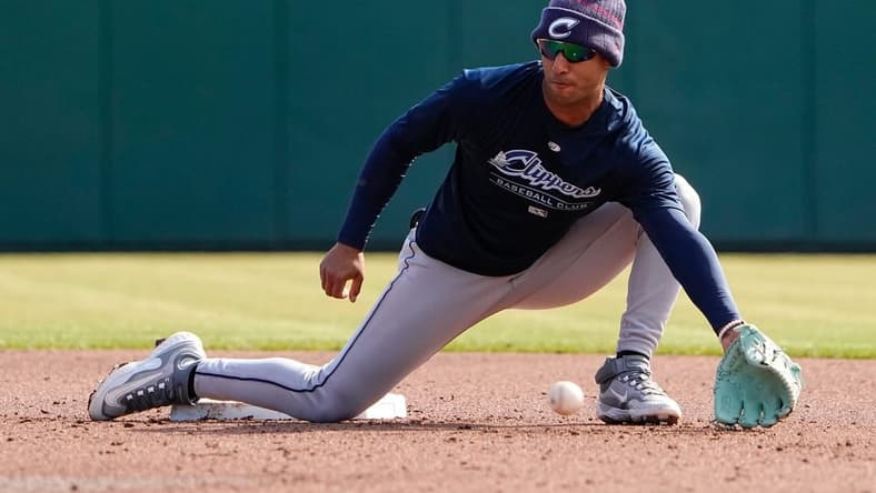 Mar 29, 2023; Columbus, Ohio, USA;  Columbus Clippers infielder Brayan Rocchio snags a ball out of the dirt during practice at Huntington Park. The team   s first game is Friday at Iowa, and they   ll open their home season April 4 against Charlotte. Mandatory Credit: Adam Cairns-The Columbus Dispatch

Baseball Ceb Clippers What S New