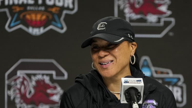 Mar 30, 2023; Dallas, TX, USA;  South Carolina Gamecocks head coach Dawn Staley speaks to members of the media at American Airlines Center. Mandatory Credit: Kirby Lee-USA TODAY Sports