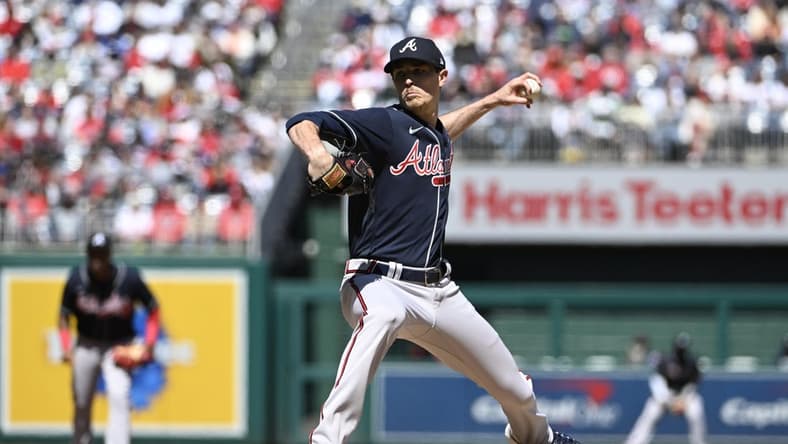 Mar 30, 2023; Washington, District of Columbia, USA; Atlanta Braves starting pitcher Max Fried (54) throws to the Washington Nationals during the first inning at Nationals Park. Mandatory Credit: Brad Mills-USA TODAY Sports