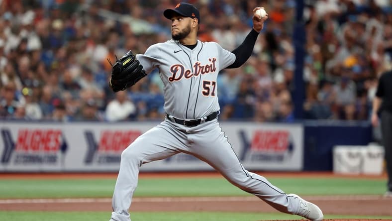 Mar 30, 2023; St. Petersburg, Florida, USA; Detroit Tigers starting pitcher Eduardo Rodriguez (57) throws a pitch against the Tampa Bay Rays during the first inning at Tropicana Field. Mandatory Credit: Kim Klement-USA TODAY Sports