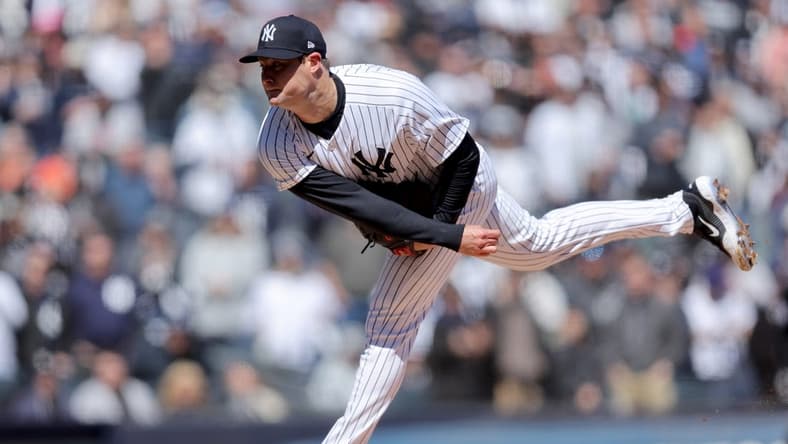 Mar 30, 2023; Bronx, New York, USA; New York Yankees starting pitcher Gerrit Cole (45) follows through on a pitch against the San Francisco Giants during the first inning at Yankee Stadium. Mandatory Credit: Brad Penner-USA TODAY Sports