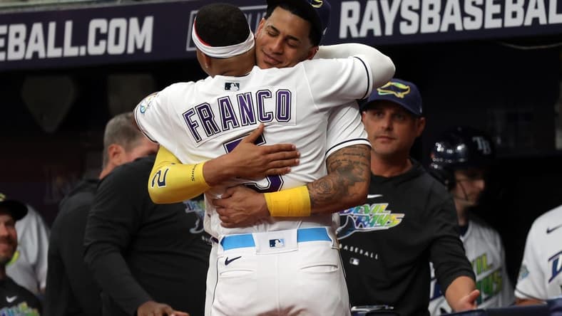Mar 30, 2023; St. Petersburg, Florida, USA; Tampa Bay Rays shortstop Wander Franco (5) celebrates with center fielder Jose Siri (22) after he hits a home run against the Detroit Tigers during the eighth inning  at Tropicana Field. Mandatory Credit: Kim Klement-USA TODAY Sports