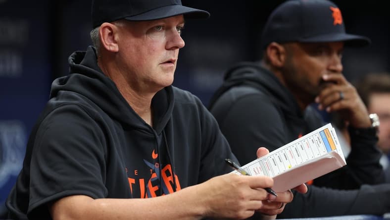 Mar 30, 2023; St. Petersburg, Florida, USA; Detroit Tigers manager A.J. Hinch (14) looks on during the ninth inning against the Tampa Bay Rays at Tropicana Field. Mandatory Credit: Kim Klement-USA TODAY Sports