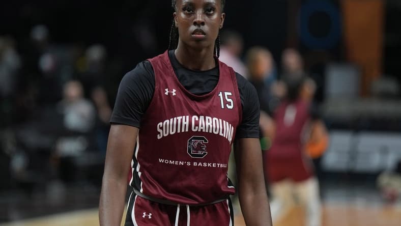 Mar 30, 2023; Dallas, TX, USA; South Carolina Gamecocks forward Laeticia Amihere (15) at the American Airlines Center. Mandatory Credit: Kirby Lee-USA TODAY Sports