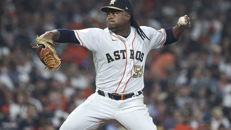 Mar 30, 2023; Houston, Texas, USA; Houston Astros starting pitcher Framber Valdez (59) delivers a pitch during the third inning against the Chicago White Sox at Minute Maid Park. Mandatory Credit: Troy Taormina-USA TODAY Sports