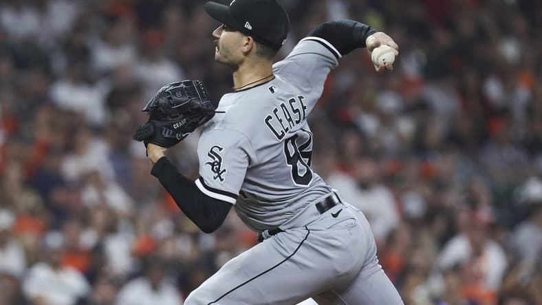 Mar 30, 2023; Houston, Texas, USA; Chicago White Sox starting pitcher Dylan Cease (84) delivers a pitch during the sixth inning against the Houston Astros at Minute Maid Park. Mandatory Credit: Troy Taormina-USA TODAY Sports