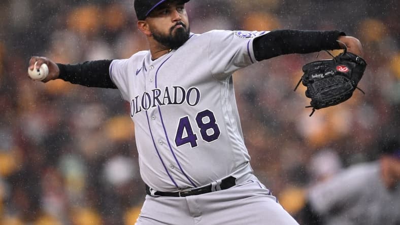 Mar 30, 2023; San Diego, California, USA; Colorado Rockies starting pitcher German Marquez (48) throws a pitch against the San Diego Padres during the first inning at Petco Park. Mandatory Credit: Orlando Ramirez-USA TODAY Sports