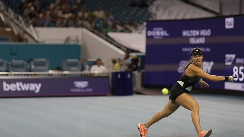Mar 30, 2023; Miami, Florida, US; Jessica Pegula (USA) hits a backhand against Elena Rybakina (KAZ) (not pictured) in a women's singles semifinal on day eleven of the Miami Open at Hard Rock Stadium. Mandatory Credit: Geoff Burke-USA TODAY Sports