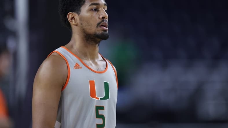 Mar 31, 2023; Houston, TX, USA; Miami (Fl) Hurricanes guard Harlond Beverly (5) looks on during a practice session the day before the Final Four of the 2023 NCAA Tournament at NRG Stadium. Mandatory Credit: Troy Taormina-USA TODAY Sports