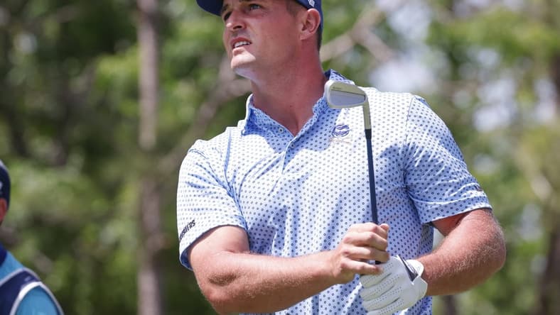 Mar 31, 2023; Orlando, Florida, USA; Bryson DeChambeau of the Crushers plays his shot from the seventh tee during the first round of a LIV Golf event at Orange County National. Mandatory Credit: Reinhold Matay-USA TODAY Sports