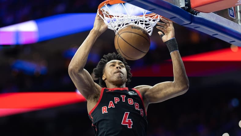 Mar 31, 2023; Philadelphia, Pennsylvania, USA; Toronto Raptors forward Scottie Barnes (4) dunks the ball against the Philadelphia 76ers during the first quarter at Wells Fargo Center. Mandatory Credit: Bill Streicher-USA TODAY Sports