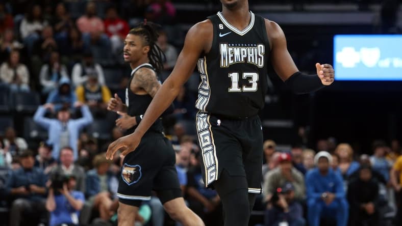 Mar 31, 2023; Memphis, Tennessee, USA; Memphis Grizzlies forward Jaren Jackson Jr. (13) reacts after a basket during the first half against the Los Angeles Clippers at FedExForum. Mandatory Credit: Petre Thomas-USA TODAY Sports