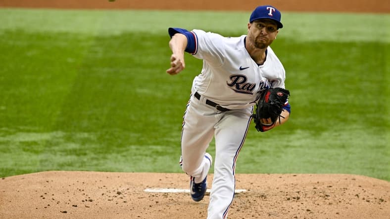 Mar 30, 2023; Arlington, Texas, USA; Texas Rangers starting pitcher Jacob deGrom (48) in action during the game between the Texas Rangers and the Philadelphia Phillies at Globe Life Field. Mandatory Credit: Jerome Miron-USA TODAY Sports