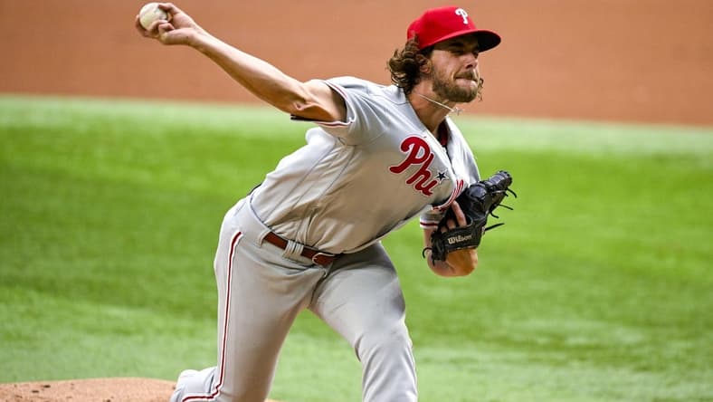 Mar 30, 2023; Arlington, Texas, USA; Philadelphia Phillies starting pitcher Aaron Nola (27) in action during the game between the Texas Rangers and the Philadelphia Phillies at Globe Life Field. Mandatory Credit: Jerome Miron-USA TODAY Sports