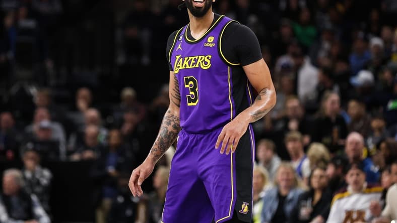 Mar 31, 2023; Minneapolis, Minnesota, USA; Los Angeles Lakers forward Anthony Davis (3) looks on during the first quarter against the Minnesota Timberwolves at Target Center. Mandatory Credit: Matt Krohn-USA TODAY Sports