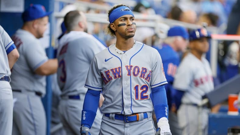 Mar 31, 2023; Miami, Florida, USA; New York Mets shortstop Francisco Lindor (12) looks on prior to the game against the Miami Marlins at loanDepot Park. Mandatory Credit: Sam Navarro-USA TODAY Sports
