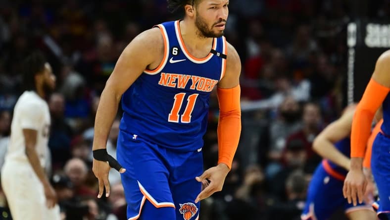 Mar 31, 2023; Cleveland, Ohio, USA; New York Knicks guard Jalen Brunson (11) celebrates after hitting a three point basket during the second half against the Cleveland Cavaliers at Rocket Mortgage FieldHouse. Mandatory Credit: Ken Blaze-USA TODAY Sports