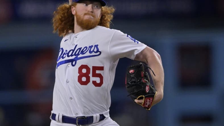Mar 31, 2023; Los Angeles, California, USA;  Los Angeles Dodgers starting pitcher Dustin May (85) throws to the plate in the third inning against the Arizona Diamondbacks at Dodger Stadium. Mandatory Credit: Jayne Kamin-Oncea-USA TODAY Sports