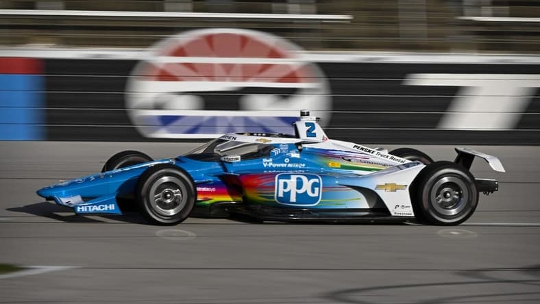 Apr 1, 2023; Fort Worth, Texas, USA; Team Penske driver Josef Newgarden (2) of United States during practice for the NTT IndyCar Series PPG 375 race at Texas Motor Speedway. Mandatory Credit: Jerome Miron-USA TODAY Sports
