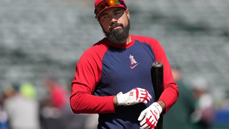 Apr 1, 2023; Oakland, California, USA; Los Angeles Angels third baseman Anthony Rendon warms up before the game against the Oakland Athletics at RingCentral Coliseum. Mandatory Credit: Darren Yamashita-USA TODAY Sports