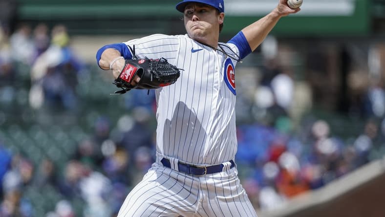 Apr 1, 2023; Chicago, Illinois, USA; Chicago Cubs starting pitcher Justin Steele (35) delivers against the Milwaukee Brewers during the second inning at Wrigley Field. Mandatory Credit: Kamil Krzaczynski-USA TODAY Sports