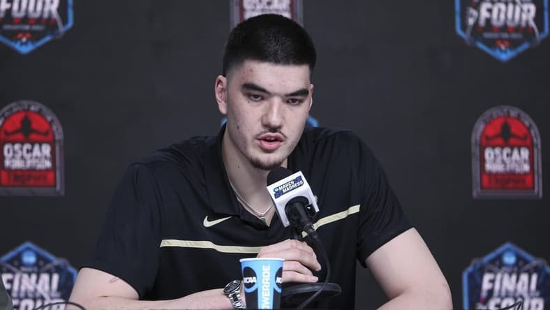 Apr 1, 2023; Houston, TX, USA; Purdue center Zach Edey speaks at a press conference after being announced as the Oscar Robertson player of the year at NRG Stadium. Mandatory Credit: Troy Taormina-USA TODAY Sports