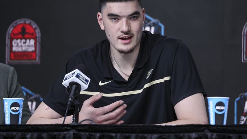Apr 1, 2023; Houston, TX, USA; Purdue center Zach Edey speaks at a press conference after being announced as the Oscar Robertson player of the year at NRG Stadium. Mandatory Credit: Troy Taormina-USA TODAY Sports
