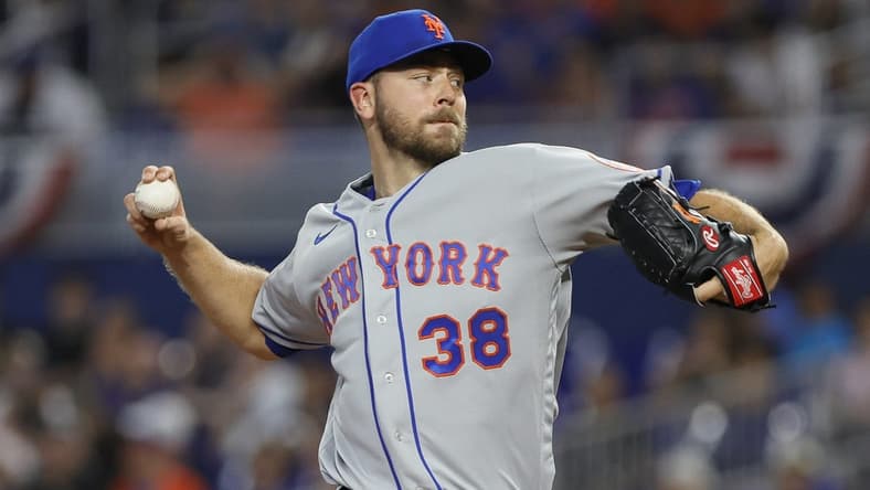 Apr 1, 2023; Miami, Florida, USA; New York Mets starting pitcher Tylor Megill (38) delivers a pitch during the first inning against the Miami Marlins at loanDepot Park. Mandatory Credit: Sam Navarro-USA TODAY Sports