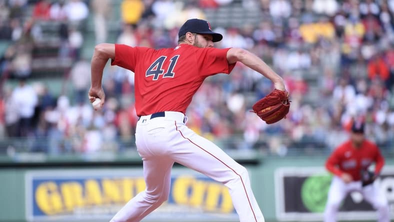 Apr 1, 2023; Boston, Massachusetts, USA;  Boston Red Sox starting pitcher Chris Sale (41) pitches during the first inning against the Baltimore Orioles at Fenway Park. Mandatory Credit: Bob DeChiara-USA TODAY Sports