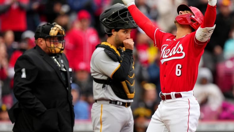 Cincinnati Reds second baseman Jonathan India (6) celebrates as he crosses home plate after hitting a solo home run in the first inning of a baseball game between the Pittsburgh Pirates and the Cincinnati Reds, Saturday, April 1, 2023, at Great American Ball Park in Cincinnati.
Pittsburgh Pirates At Cincinnati Reds April 1 0070