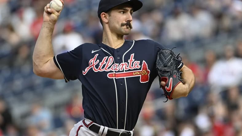 Apr 1, 2023; Washington, District of Columbia, USA; Atlanta Braves starting pitcher Spencer Strider (99) throws to the Washington Nationals during the second inning at Nationals Park. Mandatory Credit: Brad Mills-USA TODAY Sports