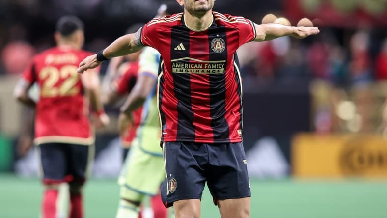Apr 1, 2023; Atlanta, Georgia, USA; Atlanta United forward Giorgos Giakoumakis (7) celebrates after a goal against the New York Red Bulls in the first half at Mercedes-Benz Stadium. Mandatory Credit: Brett Davis-USA TODAY Sports